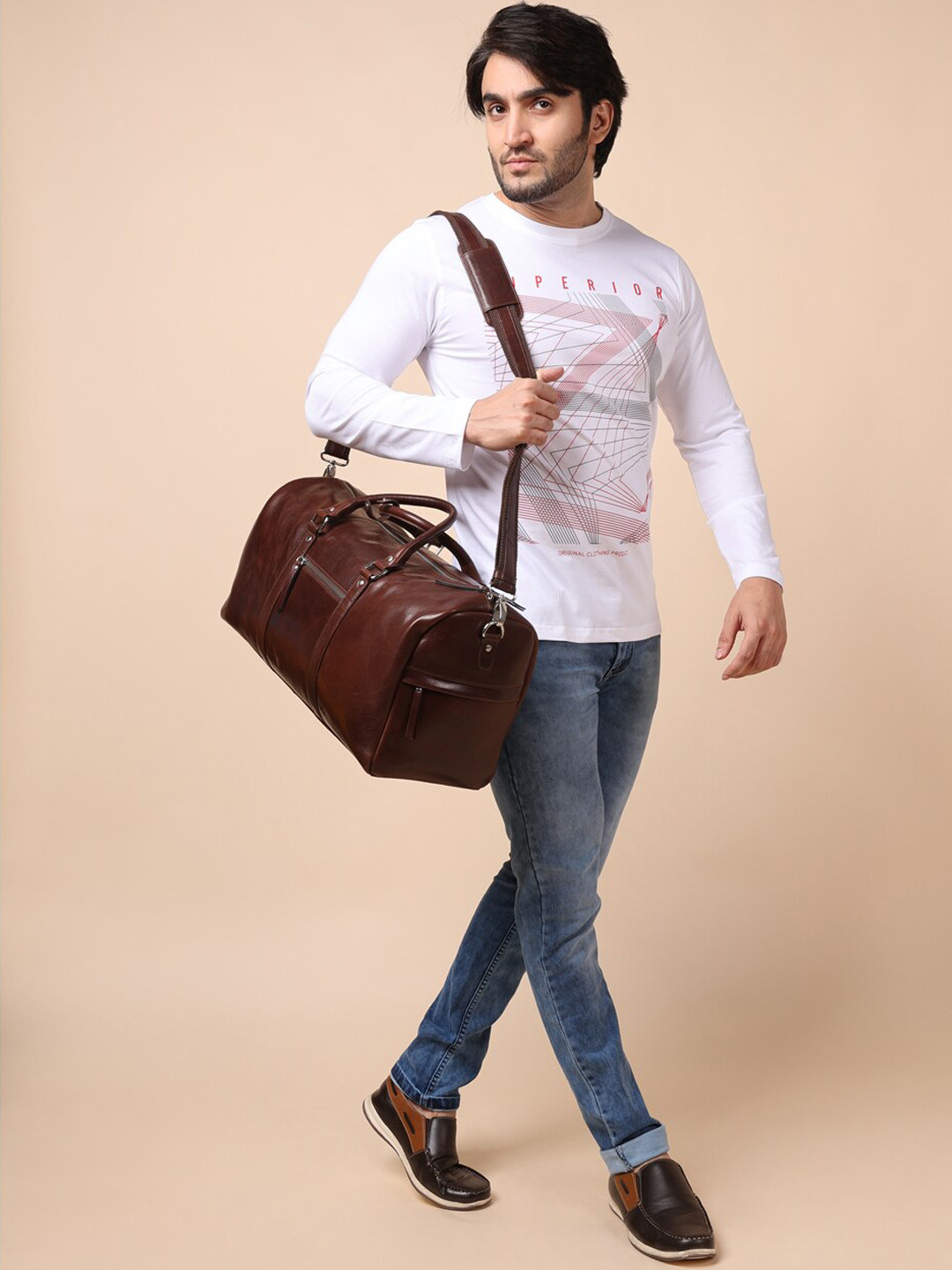 Sassora Brown Solid Genuine Leather Duffel Bag