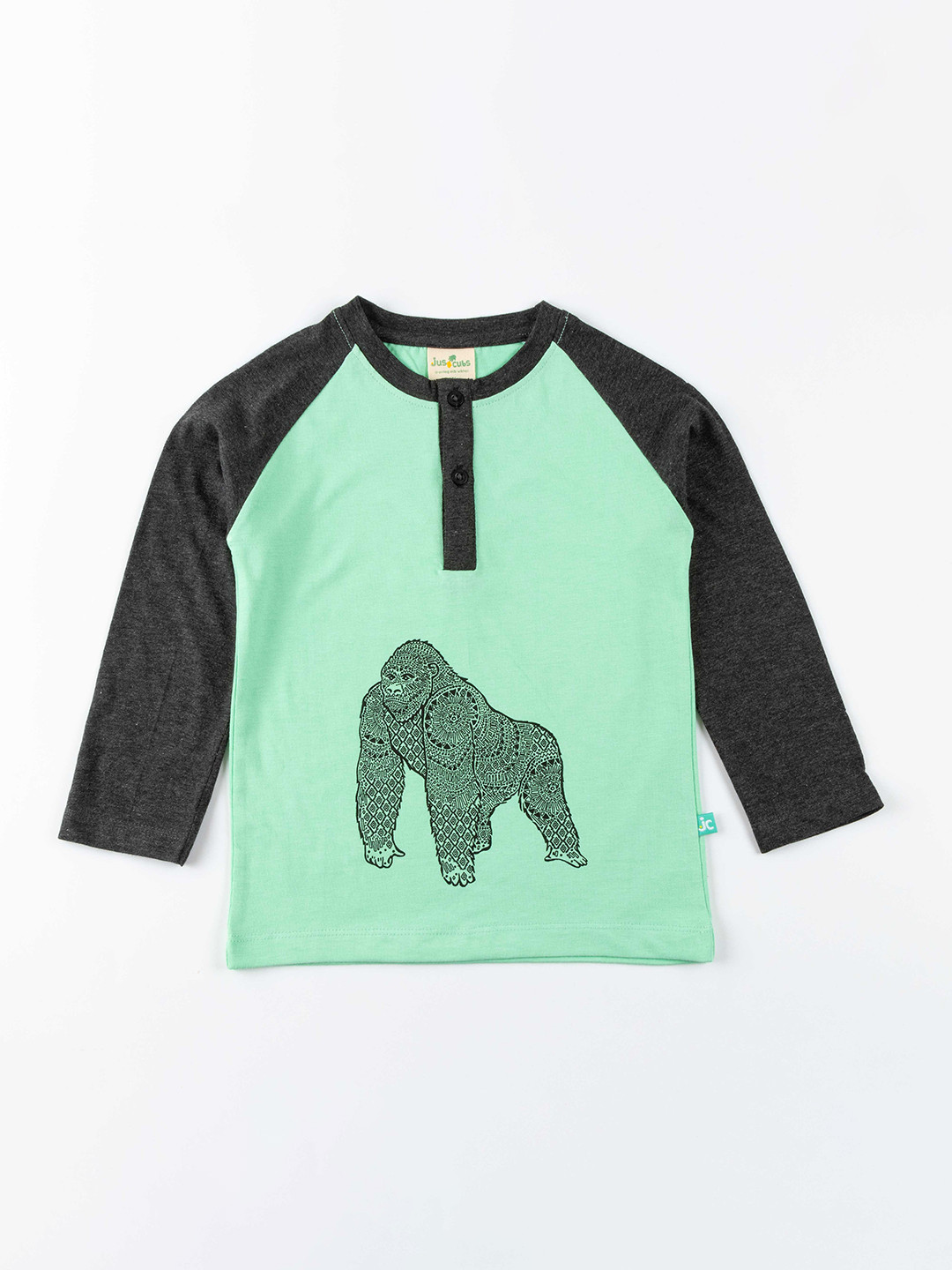 JusCubs Boys Green & Black Graphic Printed Henley Neck Cotton T-shirt