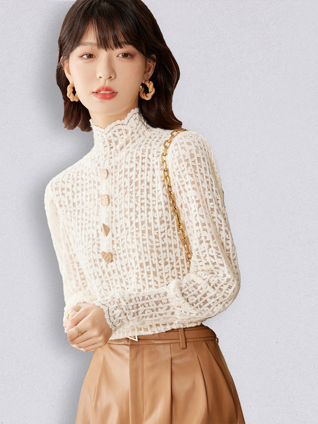 JC Collection Beige Self Design Lace Top