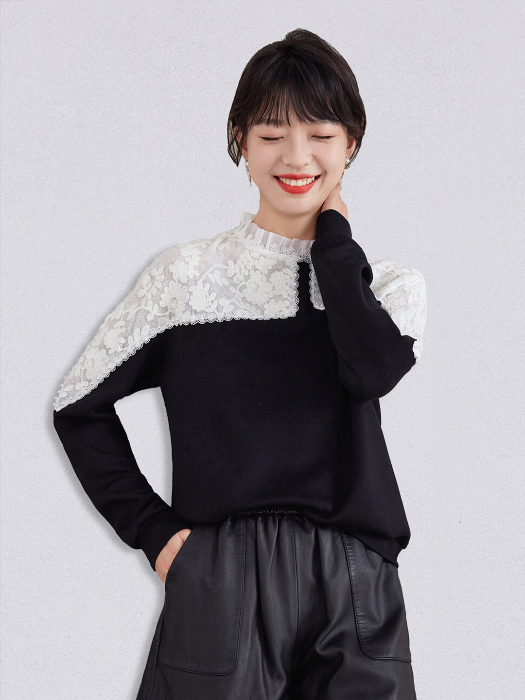 JC Collection Black Lace Inserts Floral Top