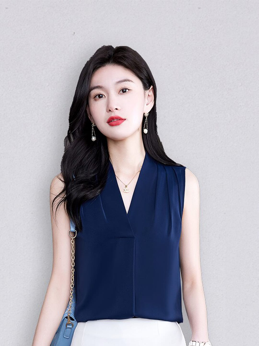 JC Collection Women Navy Blue Solid Polyester Sleeveless Top