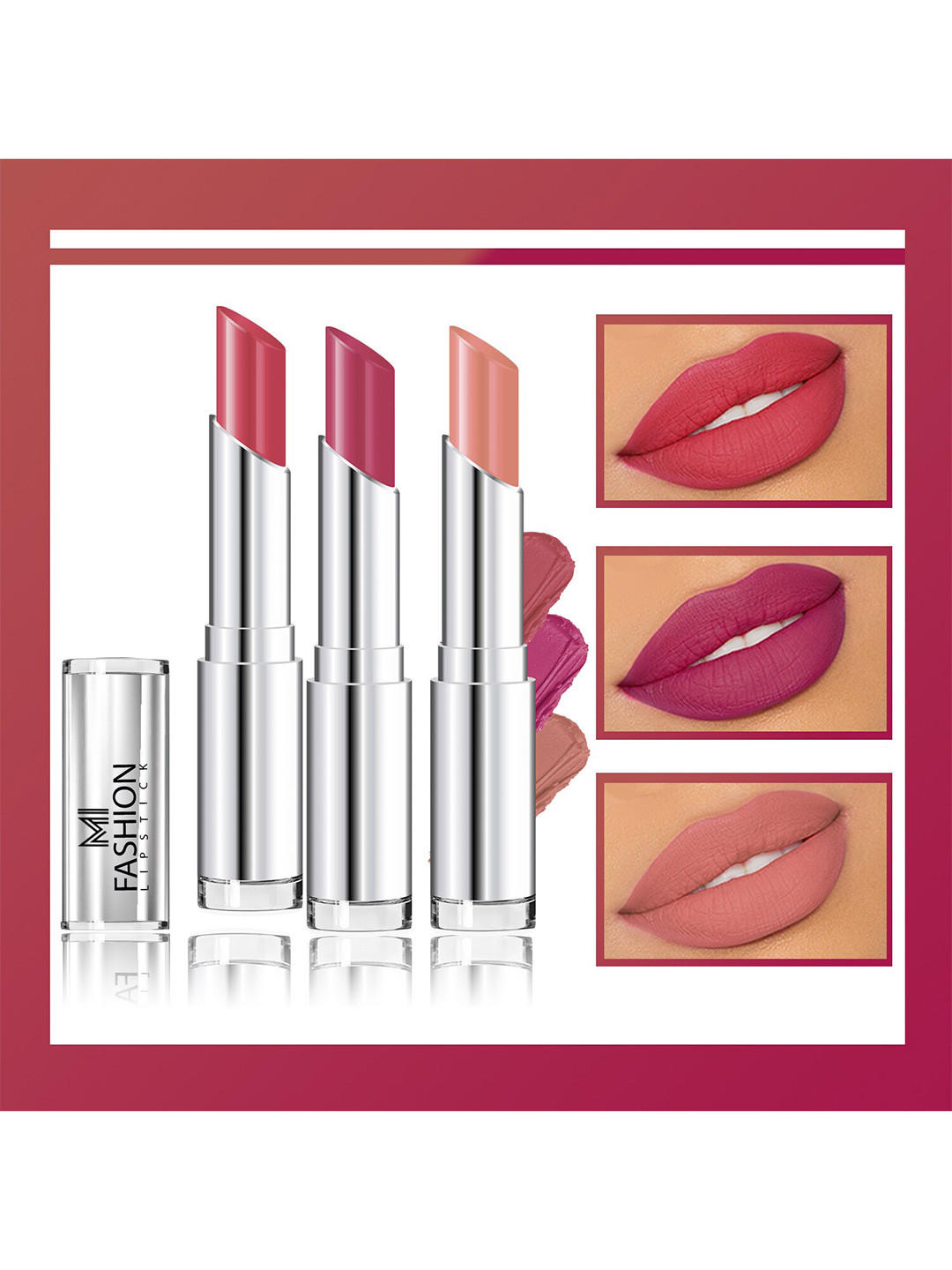 MI FASHION Set Of 3 Creme Matte Long Lasting Lipstick-10.5g-Pink+ Light Carmine Pink + Brown
