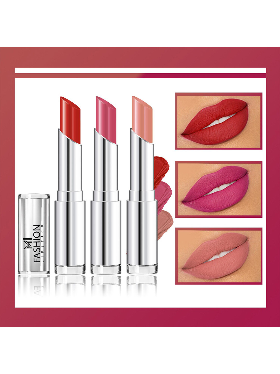 MI FASHION Set Of 3 Creme Matte Long Lasting Lipstick-10.5g-Cornell Red + Deep Rose + Nude