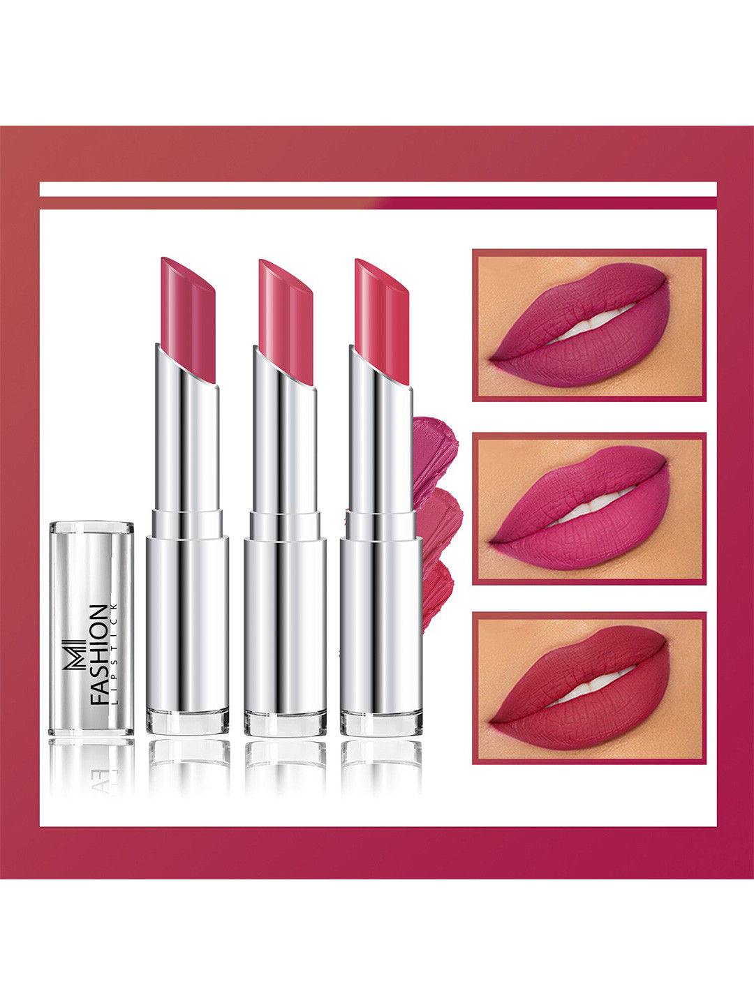 MI FASHION Set Of 3 Creme Matte Long Lasting Lipstick-10.5g-Purple Peach-Deep Rose-Wine Pink