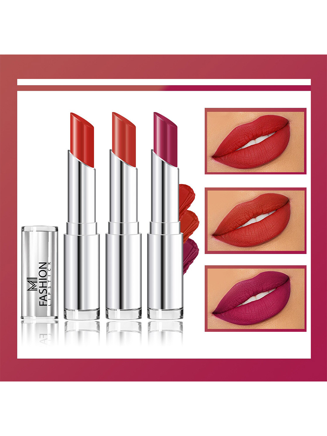 MI FASHION Set Of 3 Creme Matte Weightless Long Lasting Lipstick - Cornell Red - Roof Terracotta - Pansy Purple
