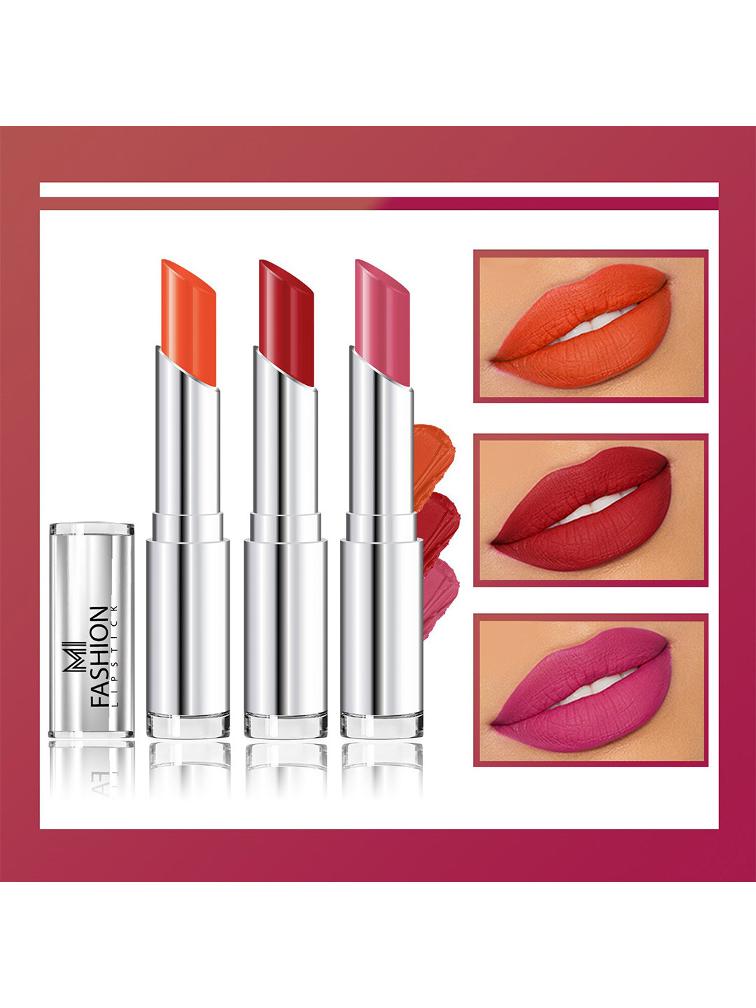 MI FASHION Set Of 3 Creme Matte Long Lasting Lipstick-10.5g-Orange-Old Red Brick-Pinkish Red