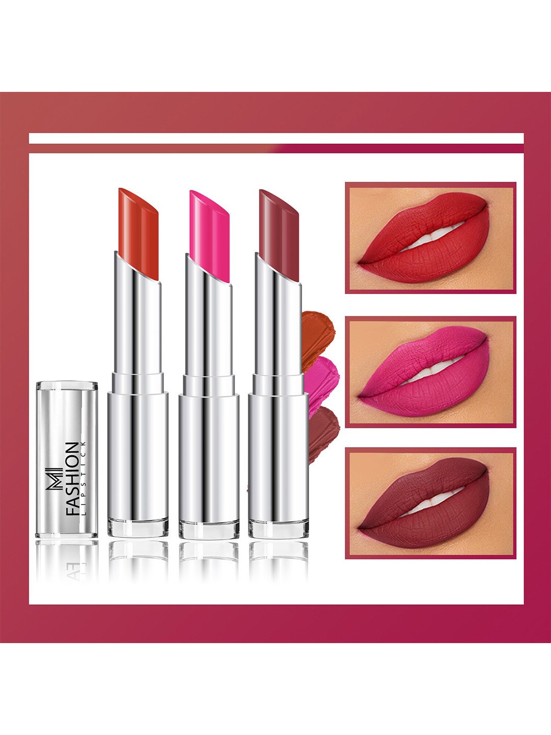 MI FASHION Set Of 3 Creme Matte Weightless Long Lasting Lipstick - Orange - Pink - Brown