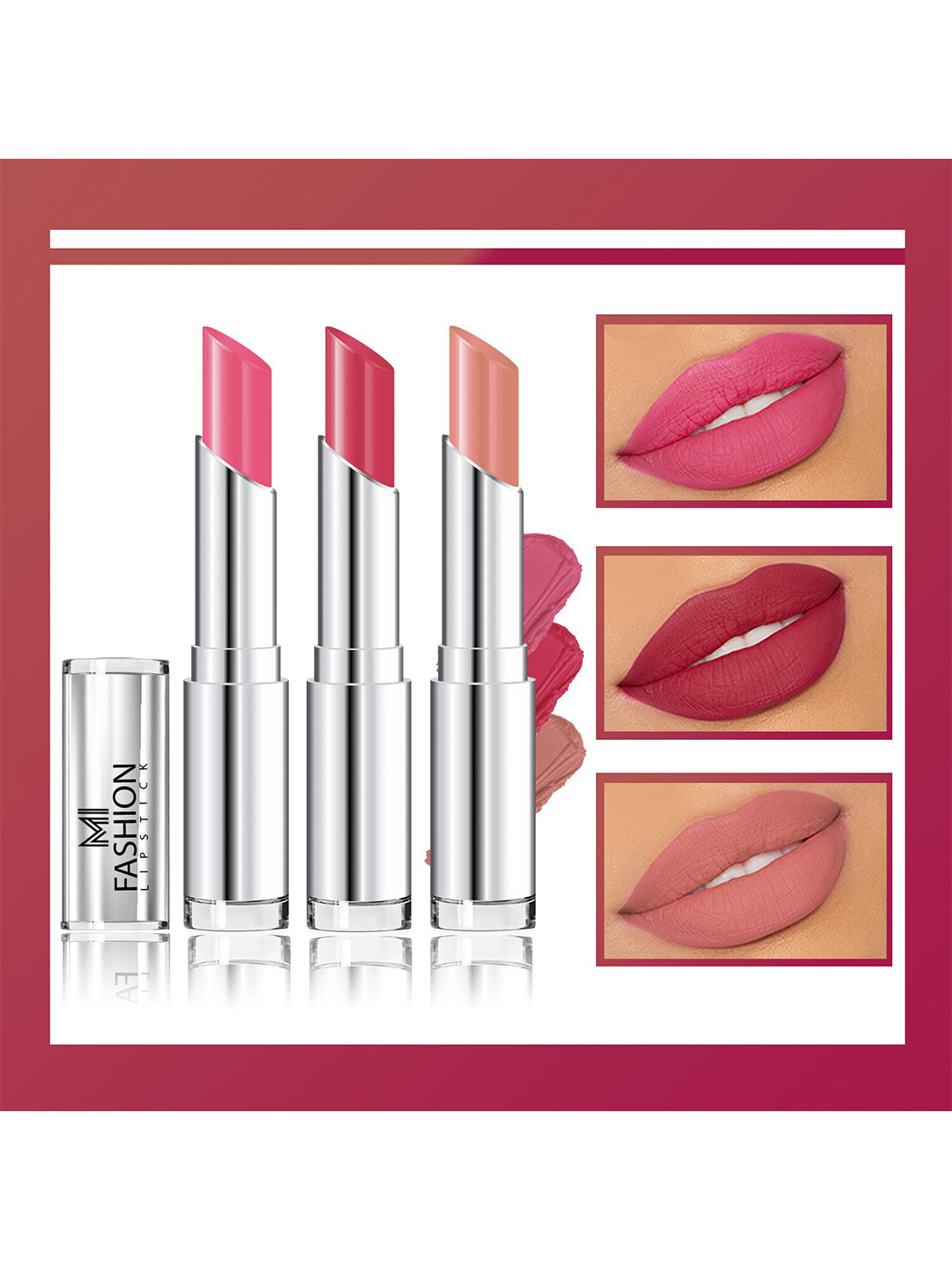 MI FASHION Set Of 3 Creme Matte Long Lasting Lipstick-10.5g-Light Carmine Pink-Wine Pink-Nude