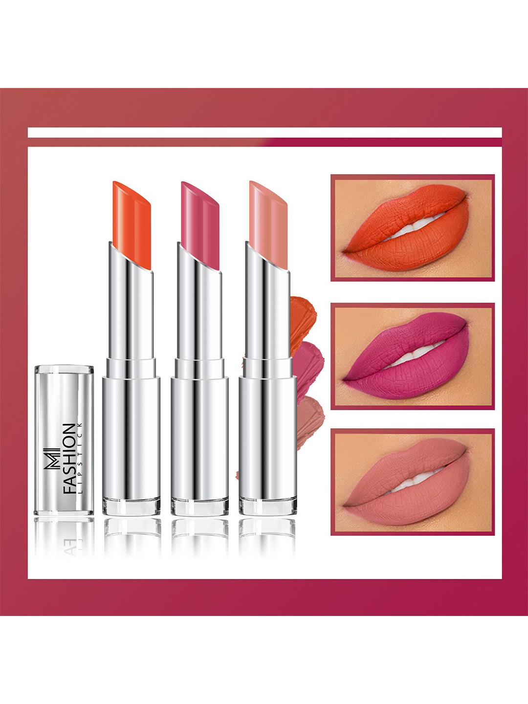 MI FASHION Set Of 3 Creme Matte Weightless Long Lasting Lipstick - Orange - Deep Rose - Nude