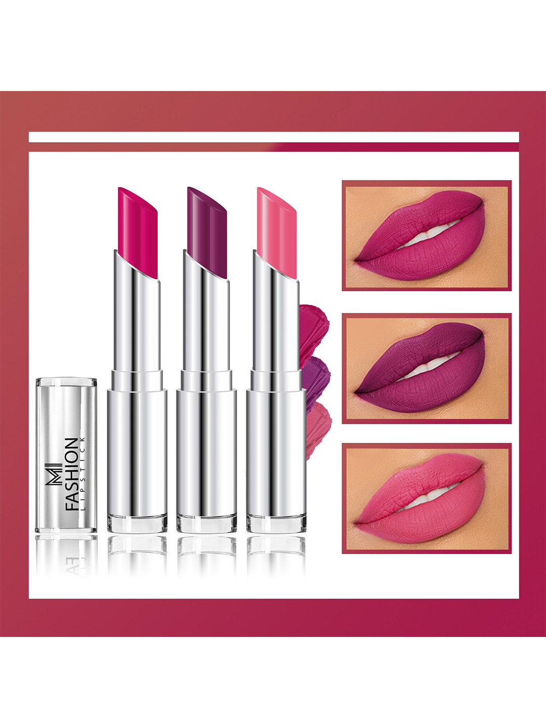 MI FASHION Set Of 3 Creme Matte Long Lasting Lipstick-10.5g-Magenta-Palatinate Purple-Light Carmine Pink