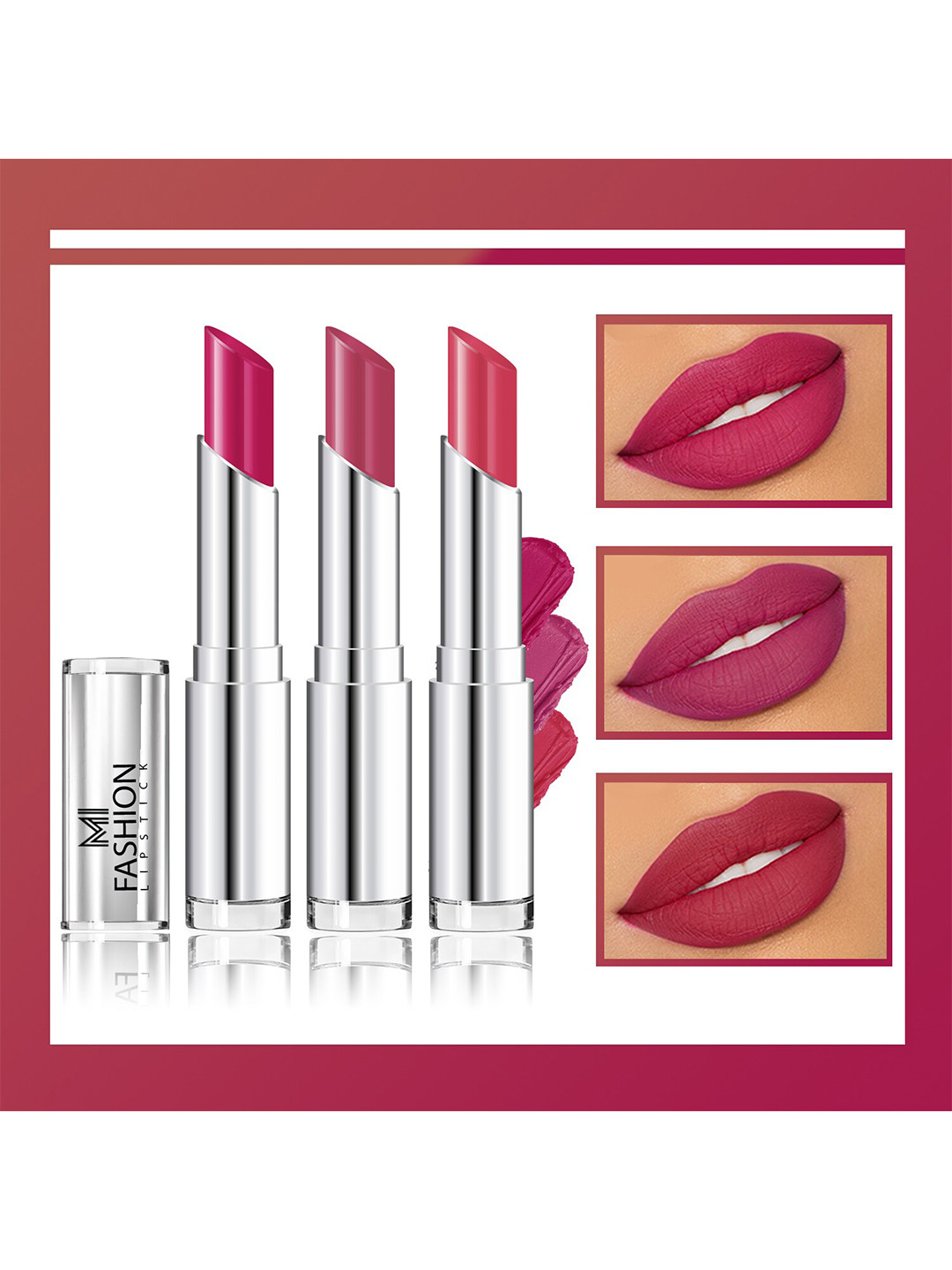 MI FASHION Set Of 3 Creme Matte Weightless Long Lasting Lipstick - Pink - Purple Peach - Wine Pink
