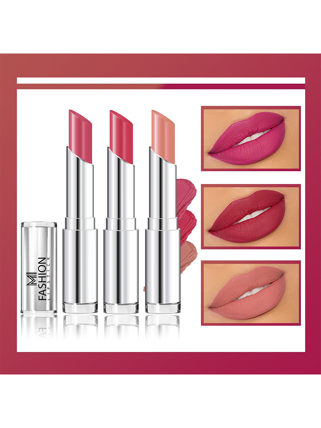 MI FASHION Set Of 3 Creme Matte Weightless Long Lasting Lipstick - Deep Rose - Wine Pink - Nude