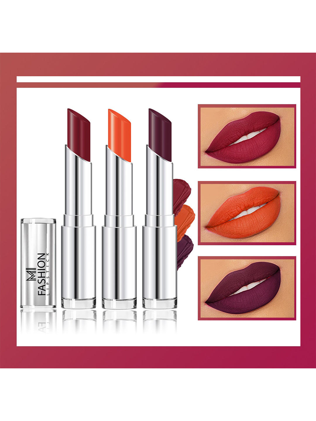 MI FASHION Set Of 3 Creme Matte Long Lasting Lipstick-10.5g-Cherrywood-Orange-Wine Berry