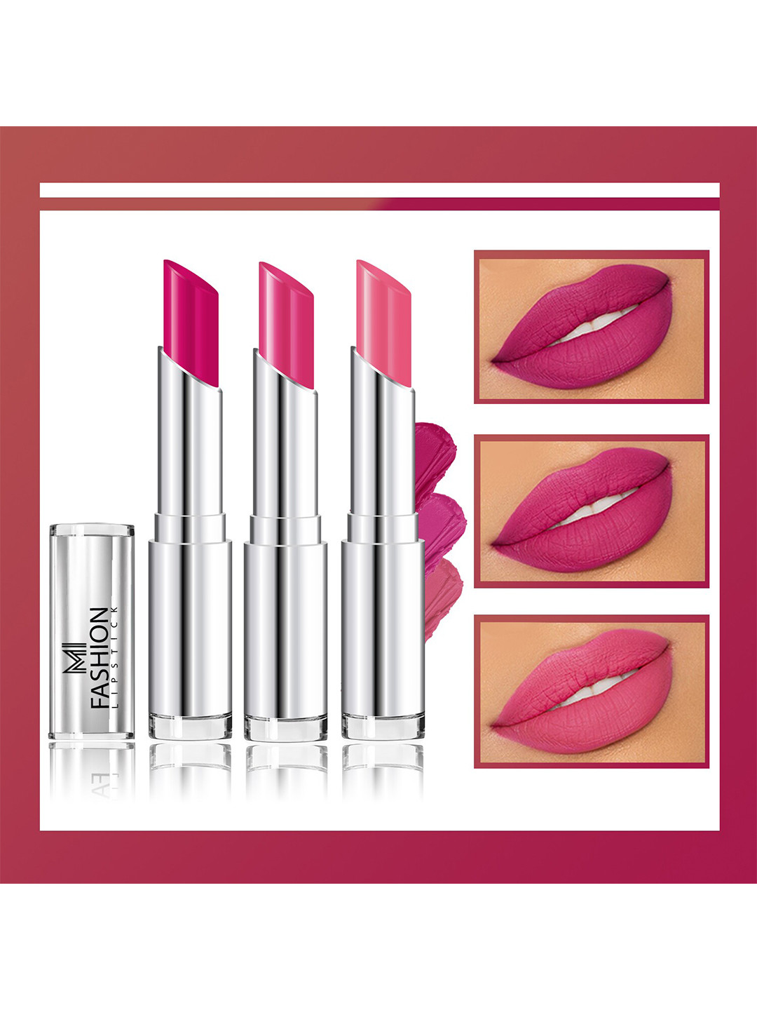MI FASHION Set Of 3 Creme Matte Long Lasting Lipstick-10.5g-Magenta-Rose Pink-Light Carmine Pink