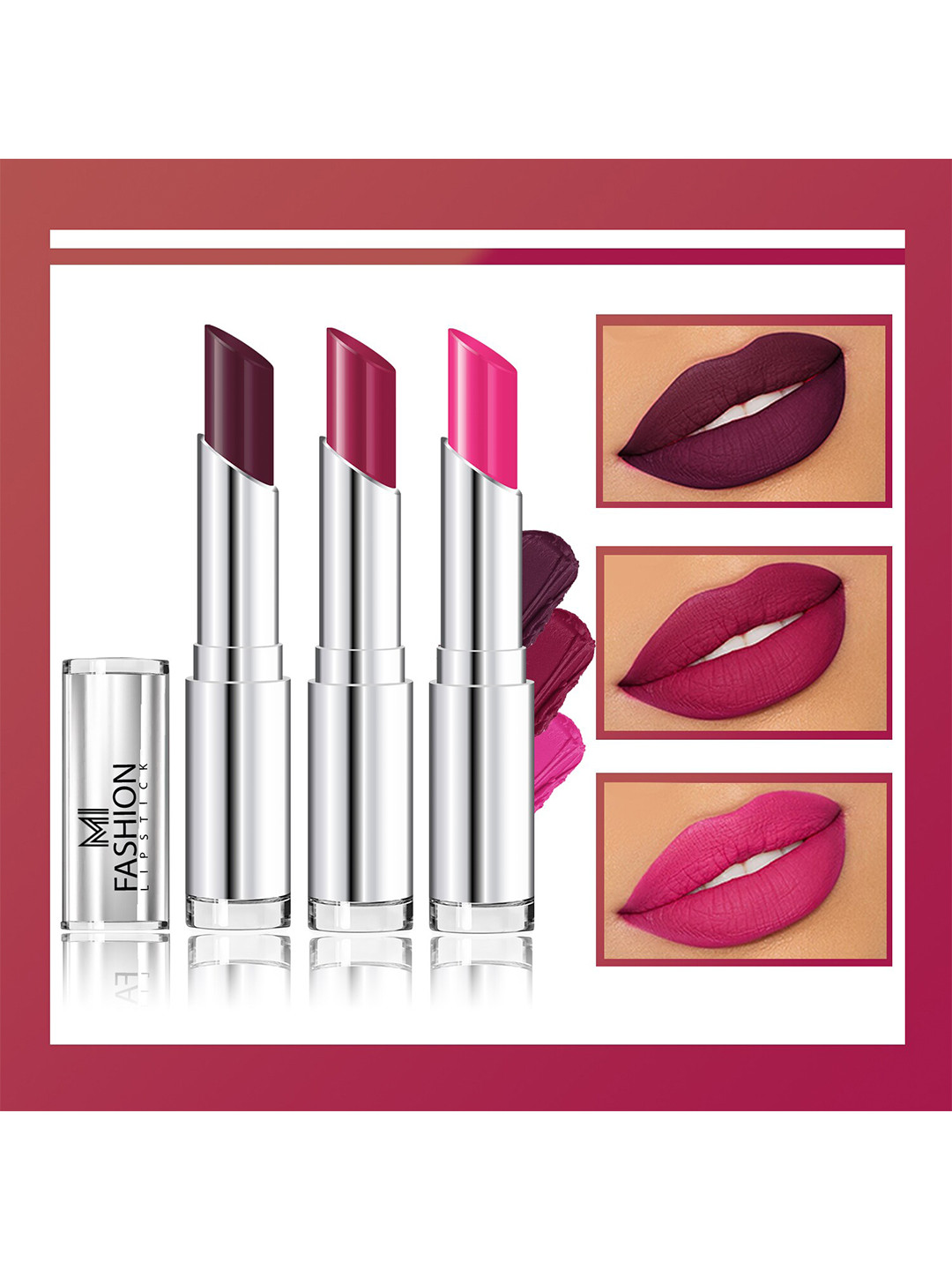 MI FASHION Set Of 3 Creme Matte Weightless Long Lasting Lipstick 10.5 g - Wine Berry - Pansy Purple - Pink