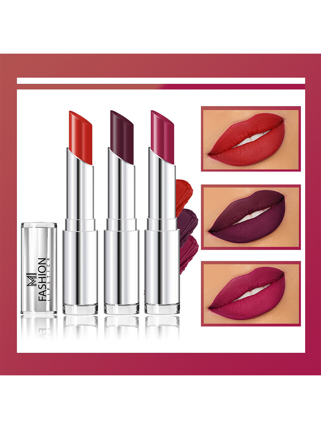 MI FASHION Set Of 3 Creme Matte Weightless Long-Lasting Lipstick 3.5g each - Cornell Red + Wine Berry + Pansy Purple