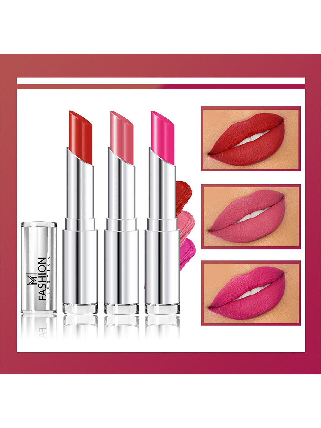 MI FASHION Set Of 3 Creme Matte Weightless Long-Lasting Lipstick 3.5g each - Cornell Red + Peach + Pink
