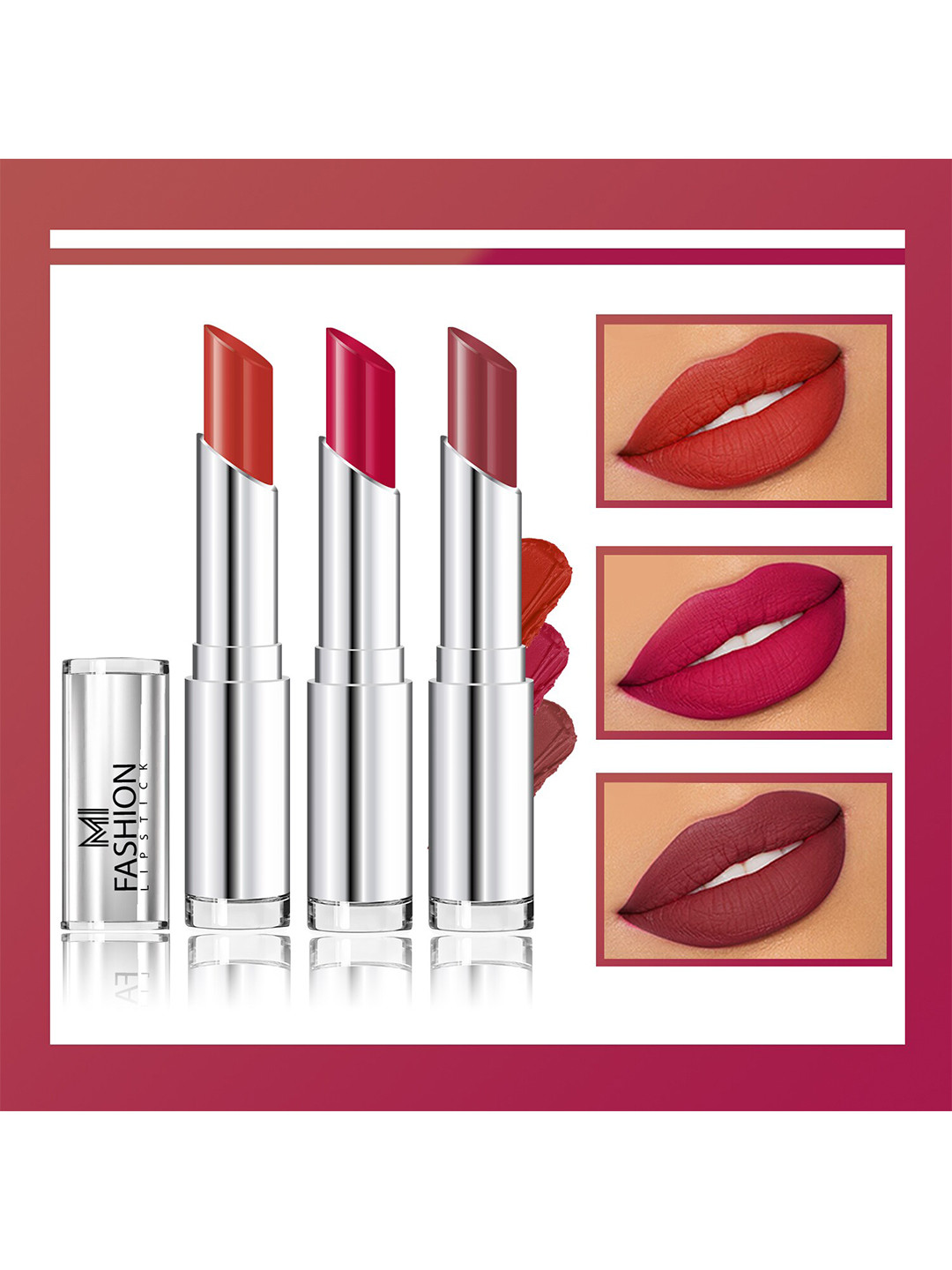 MI FASHION Set Of 3 Creme Matte Weightless Long-Lasting Lipstick 3.5g each - Roof Terracotta + Pinkish Red + Brown