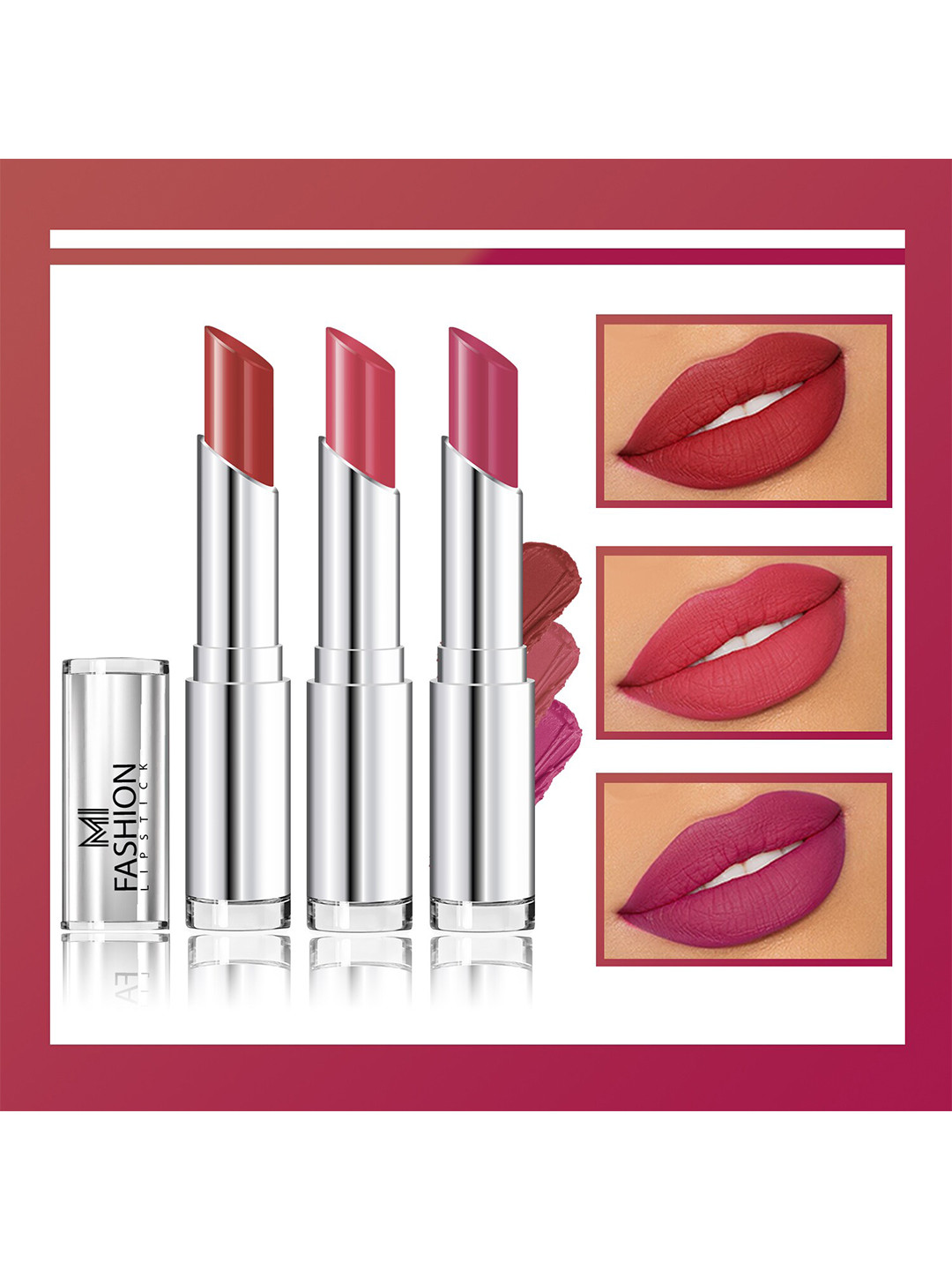 MI FASHION Set Of 3 Creme Matte Weightless Long-Lasting Lipstick 3.5g each - Brownish Red + Dark Rose + Purple Peach