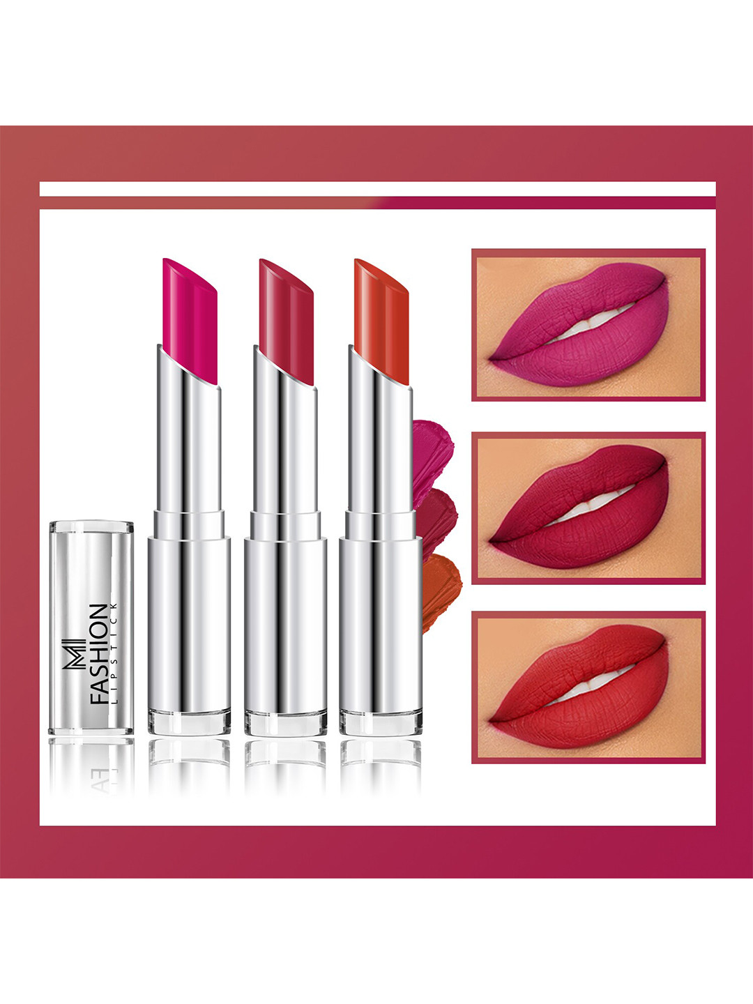 MI FASHION Set Of 3 Creme Matte Weightless Long-Lasting Lipstick 3.5g each - Magenta + Burgundy + Orange