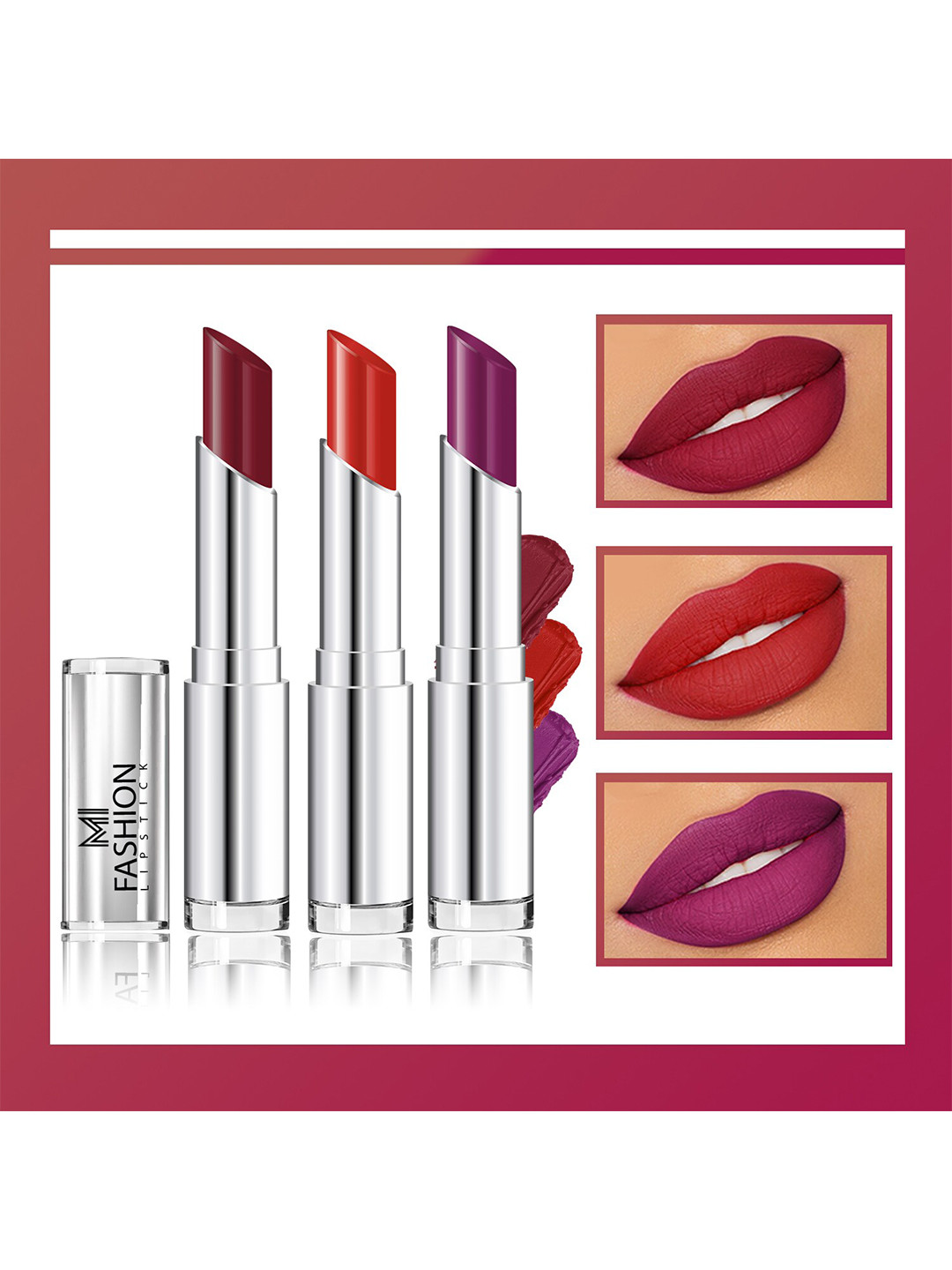 MI FASHION Set Of 3 Creme Matte Weightless Long-Lasting Lipstick 3.5g each - Cherrywood + Cornell Red + Palatinate Purple