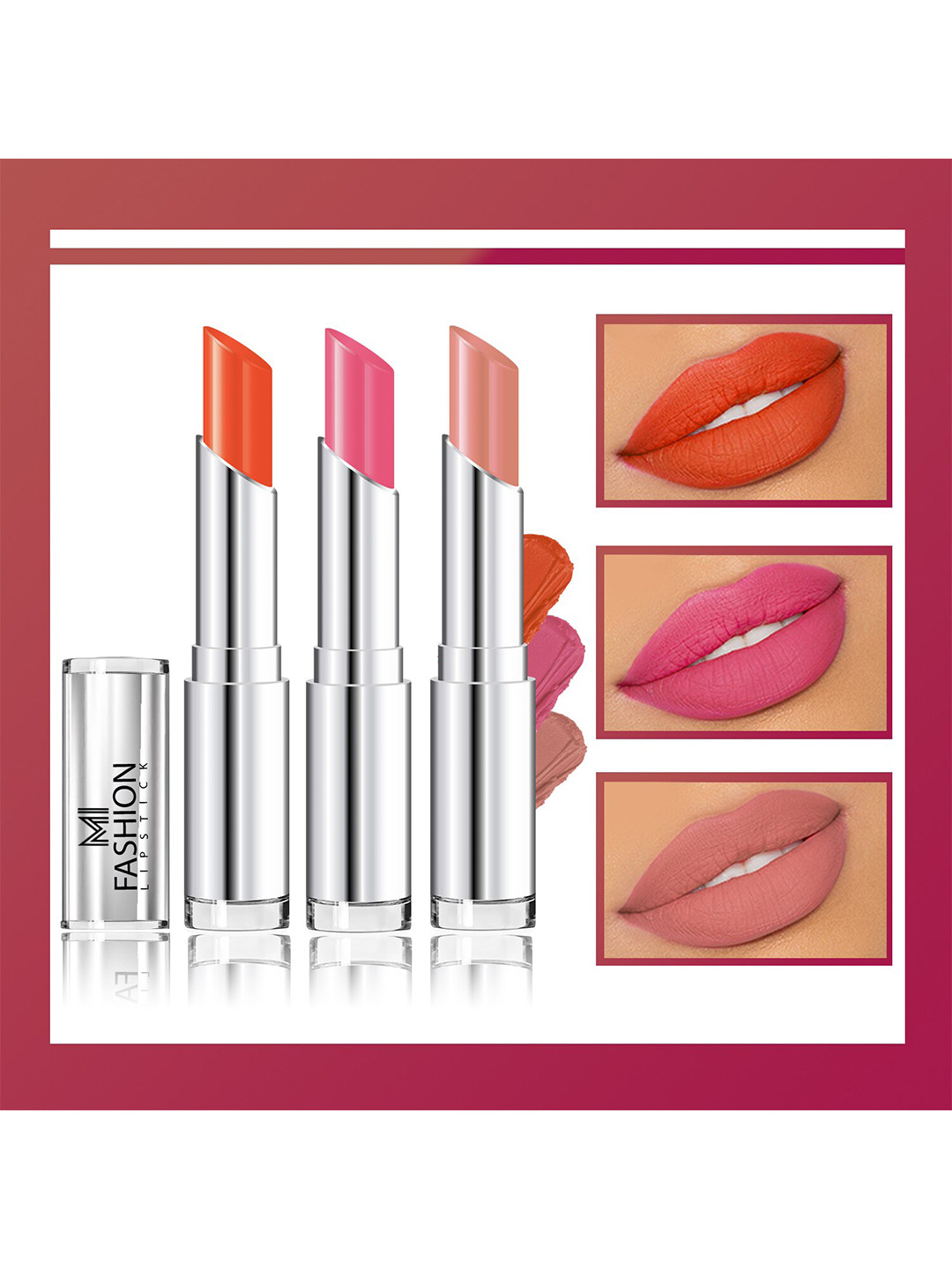 MI FASHION Set Of 3 Creme Matte Weightless Long-Lasting Lipstick 3.5g each - Orange + Light Carmine Pink + Nude