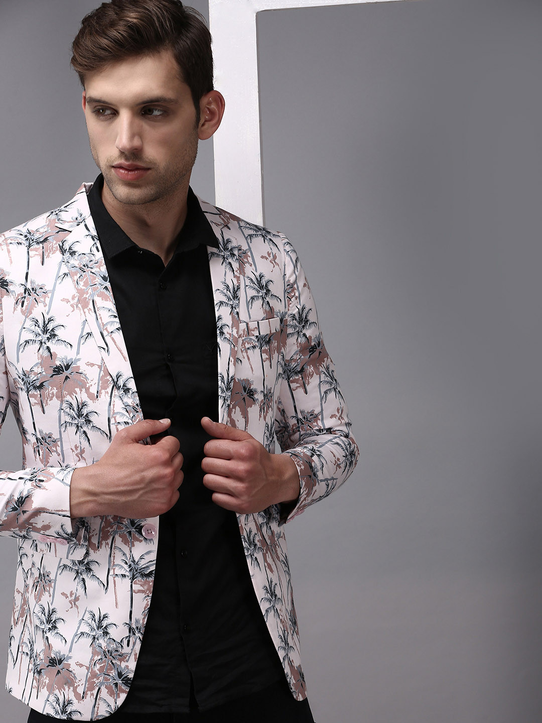 SHOWOFF Men Pink & Grey Printed Single-Breasted Blazer