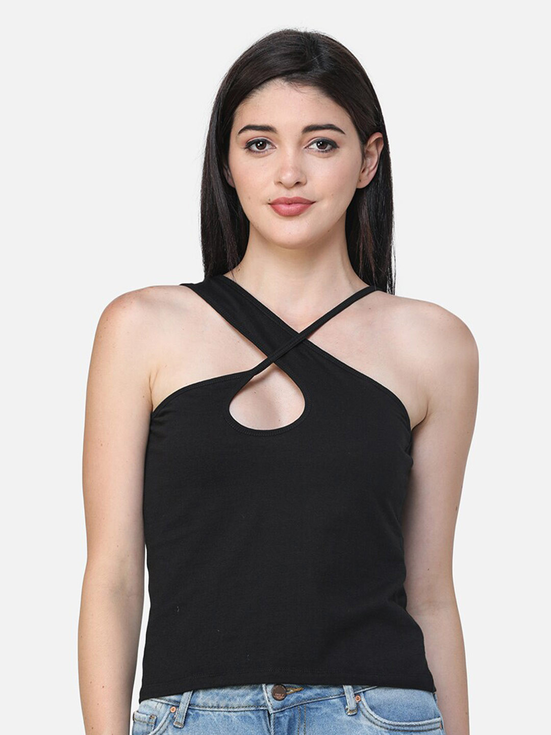 SCORPIUS Black Halter Neck Styled Back Top