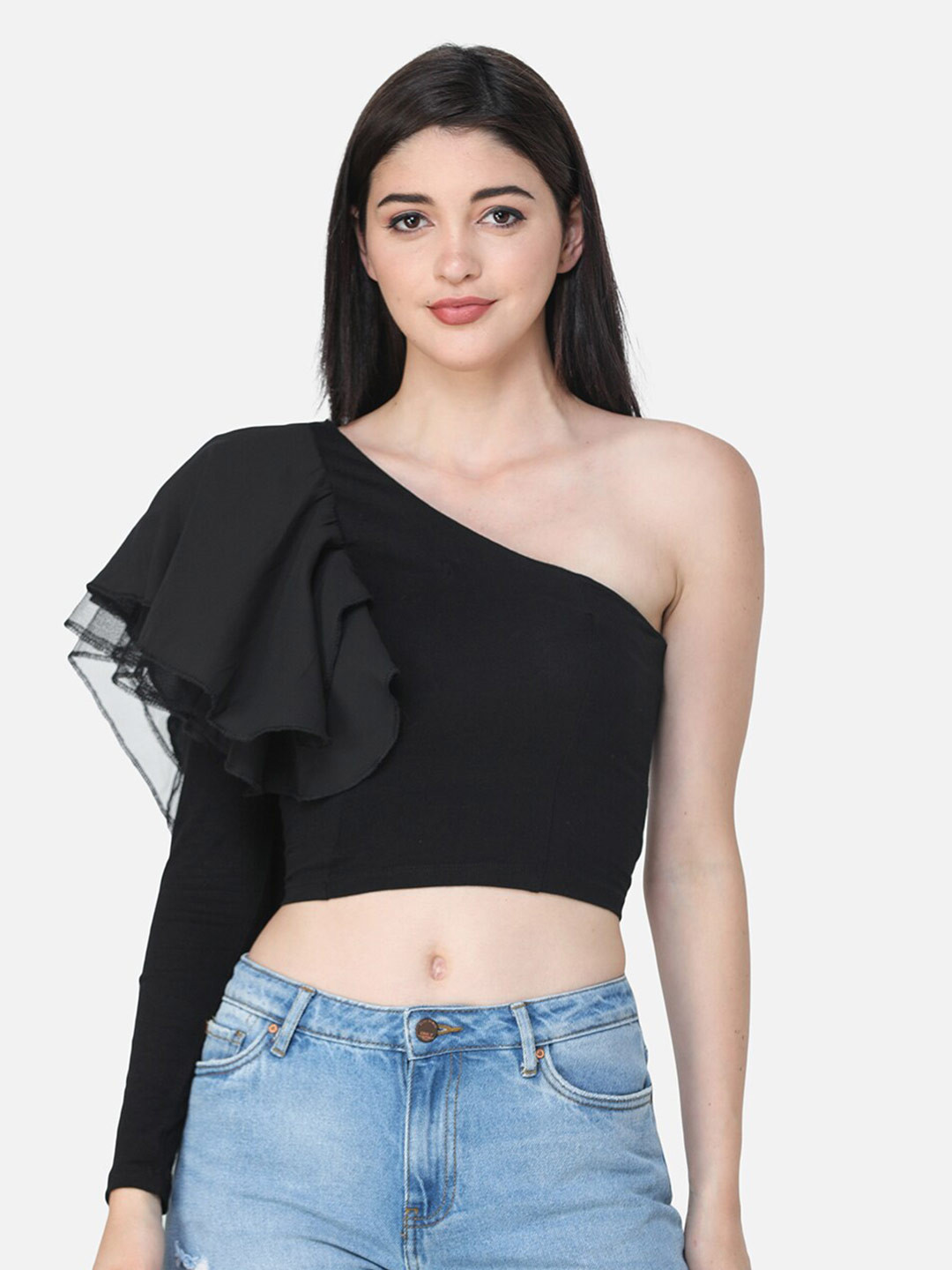 SCORPIUS women Black One Shoulder Ruffles Crop Top