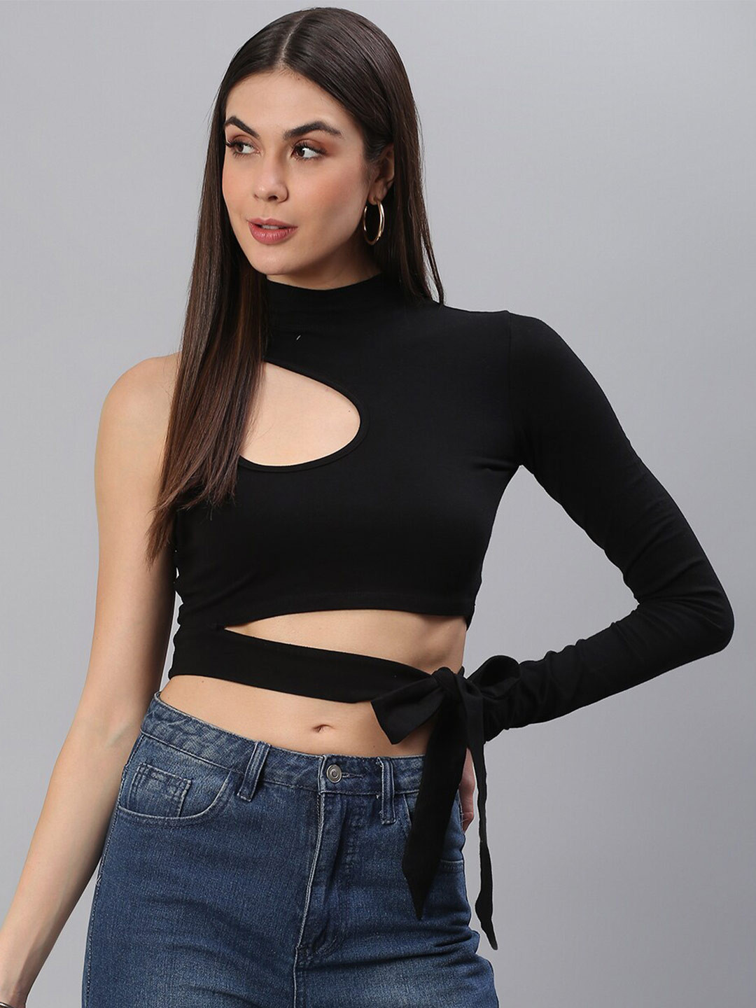 SCORPIUS Women Black One Shoulder Crop Top