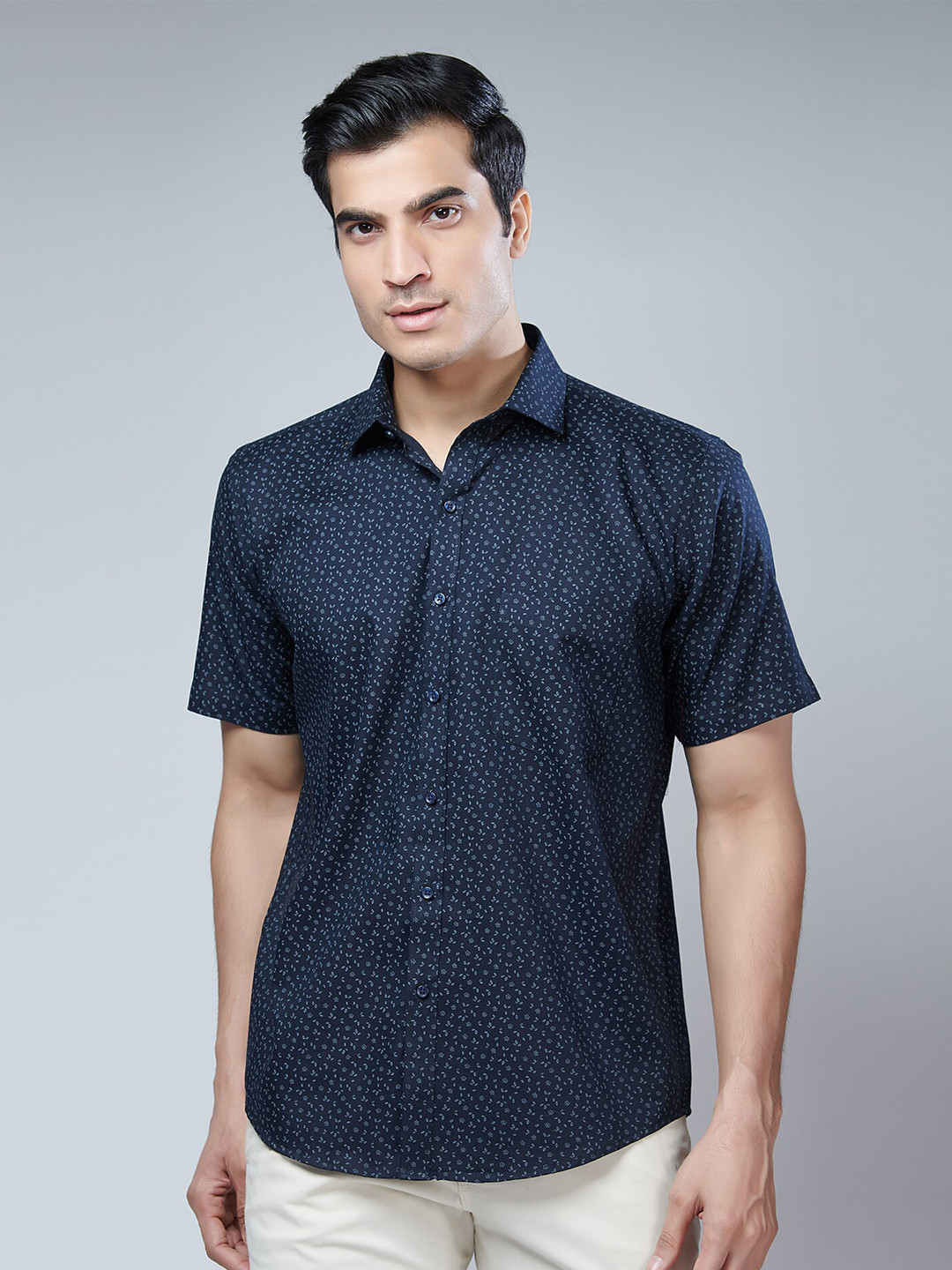 MARK & ALBERT Men Navy Blue Classic Slim Fit Printed Cotton Casual Shirt