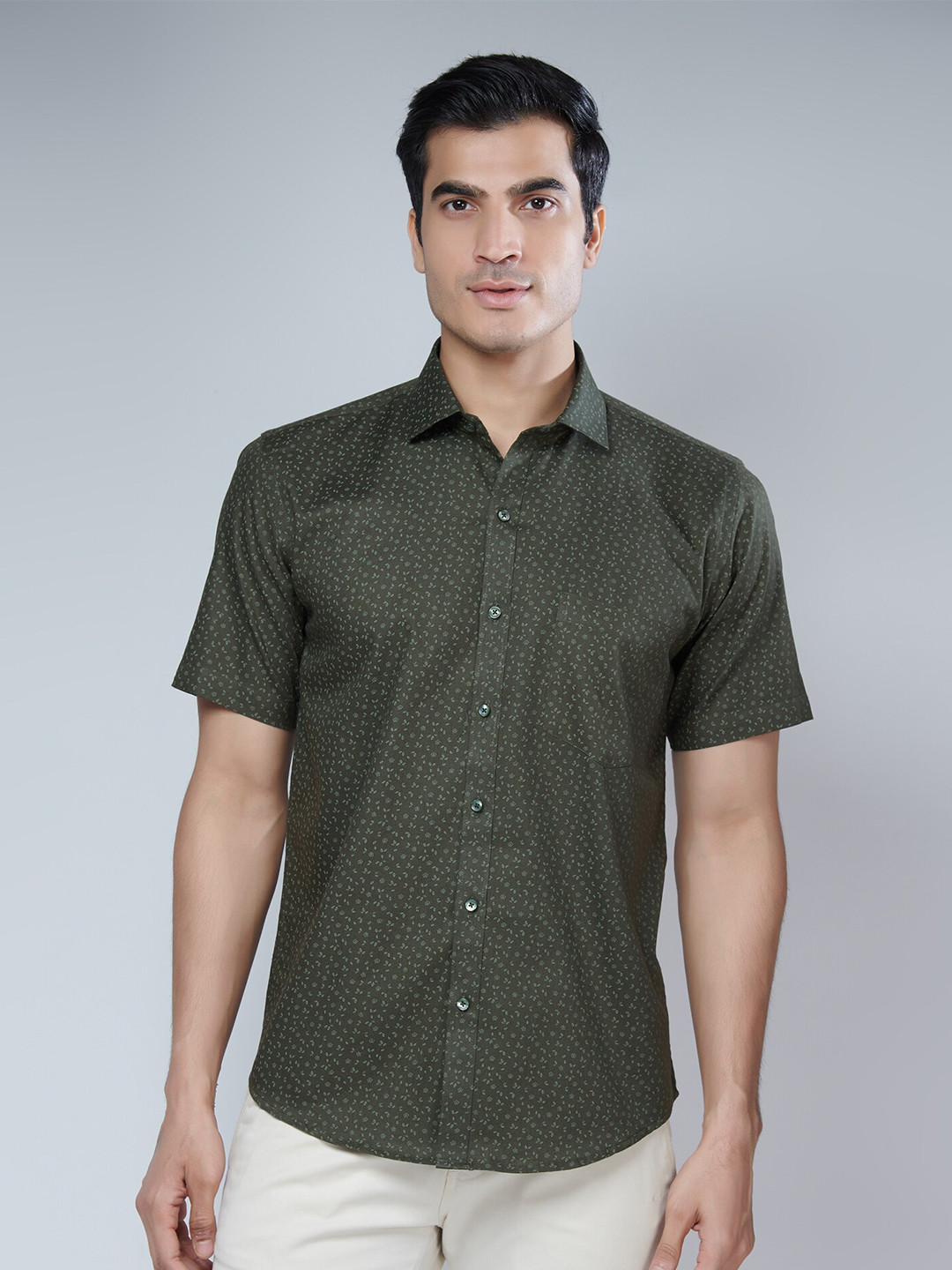 MARK & ALBERT Men Green Classic Slim Fit Printed Cotton Casual Shirt