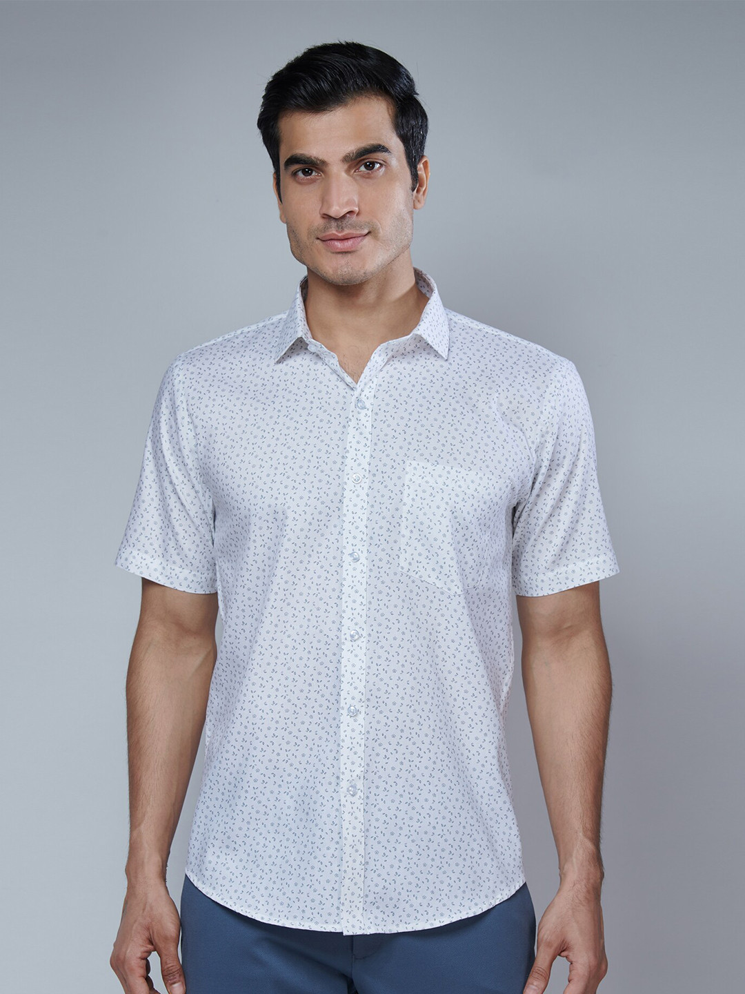 MARK & ALBERT Men White Classic Slim Fit Printed Cotton Casual Shirt