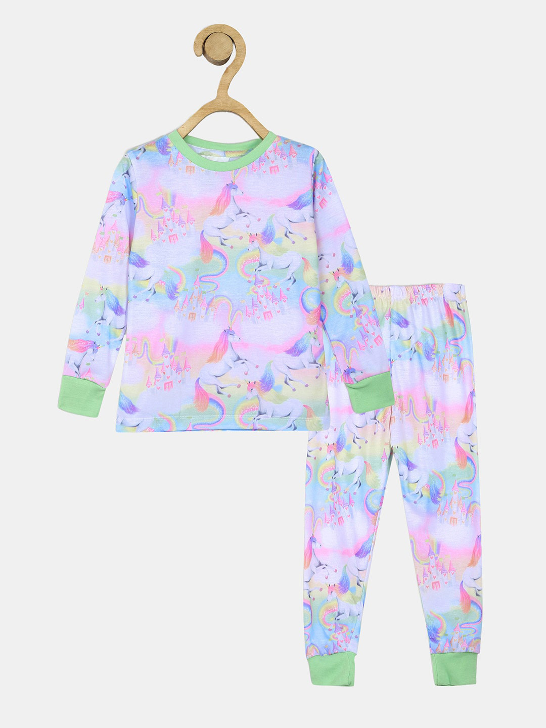 Wyld Sprog Girls Pink & Green Printed Night suit