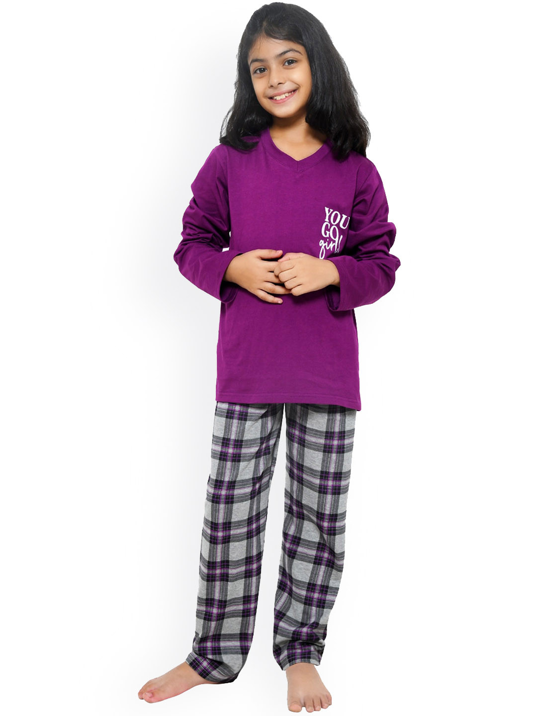 FUNKRAFTS Girls Purple & Grey Pure Cotton Night suit