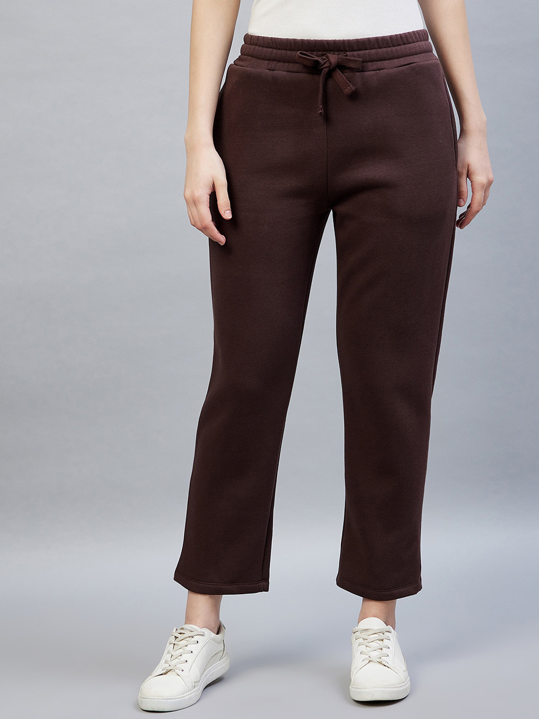 DELAN Women Coffee Brown Solid Cotton Regular Fit Track Pants