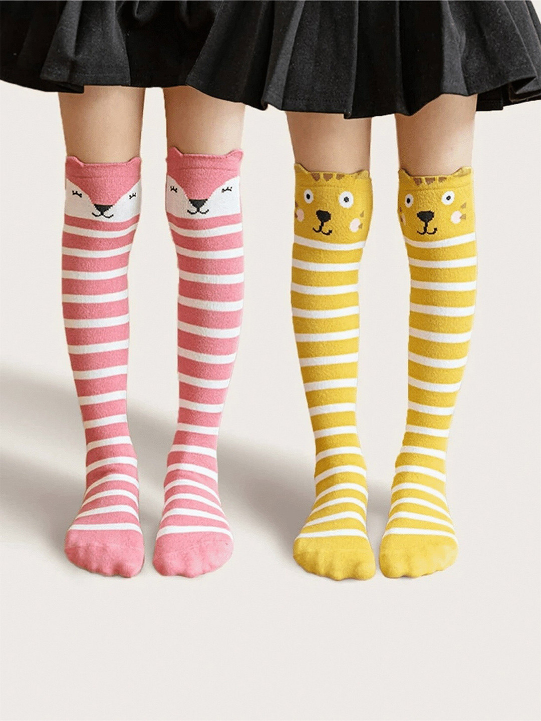 EL REGALO Girls Pack Of 2 Pink & Mustard Striped Knee-Length Socks