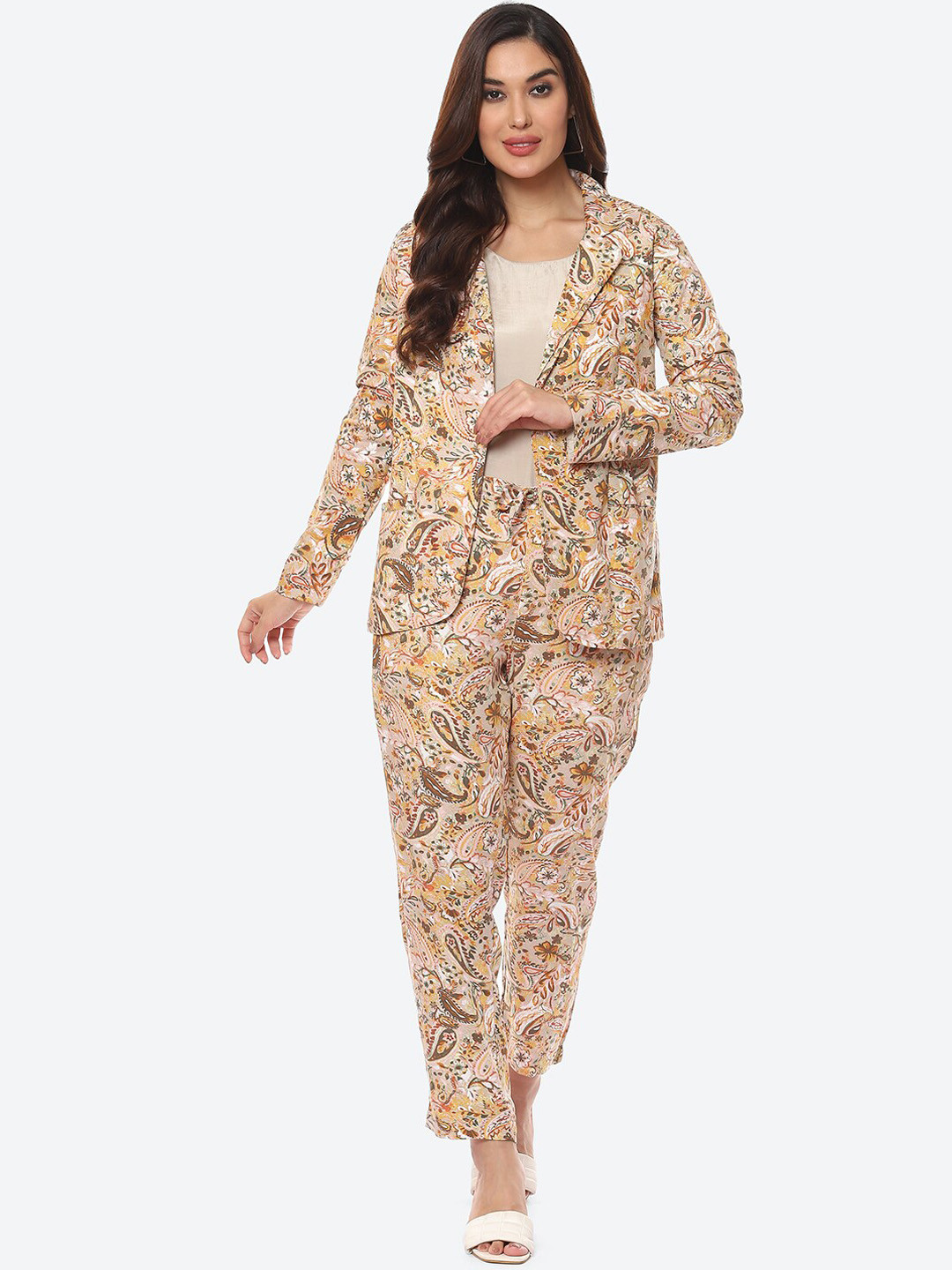 Biba Women Beige Printed Coat with Trouser Co-Ords Set