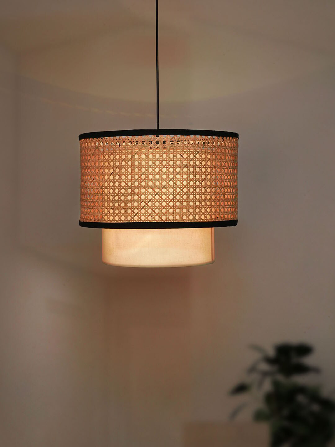 Fos Lighting Beige Textured Wood Dual Cane & Fabric Drum Shades Ceiling Lamp