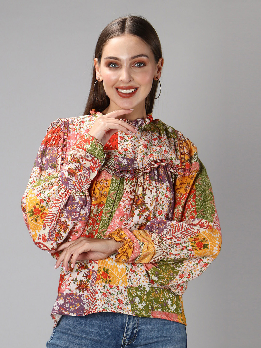 Amagyaa Orange & Yellow Floral Printed Bohemian Bohemian Top
