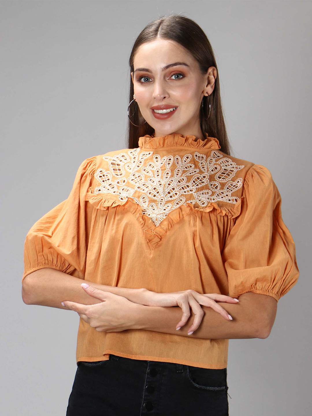 Amagyaa Rust Floral Embroidered Bohemian Cotton Top