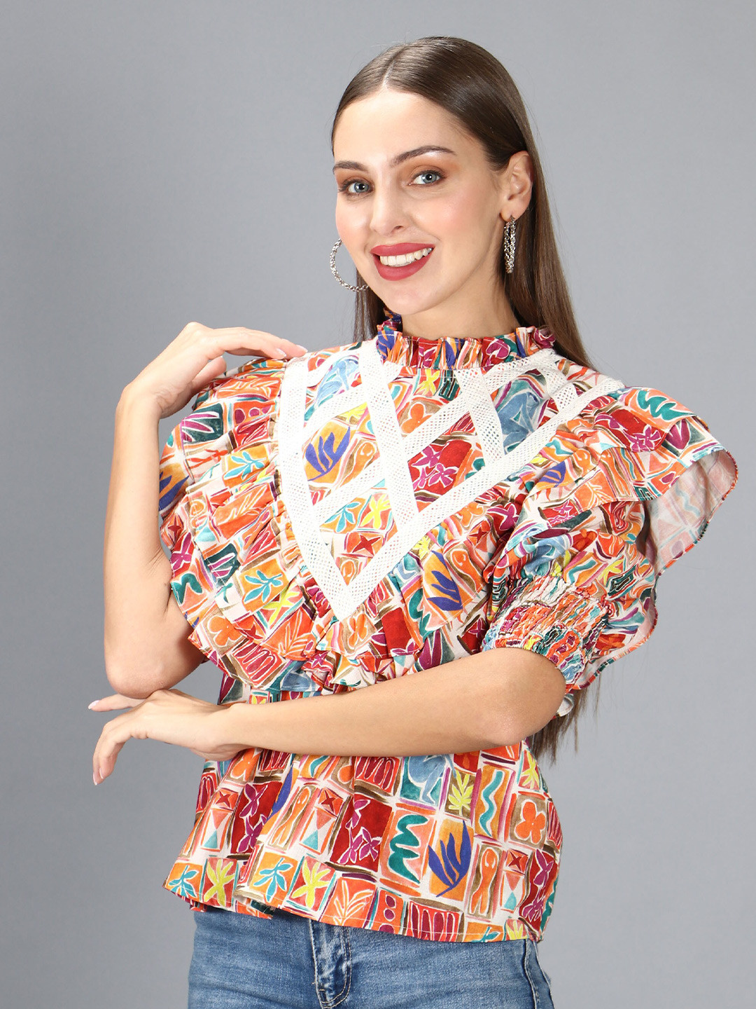 Amagyaa Red & Blue Print Ruffles Blouson Cotton Top
