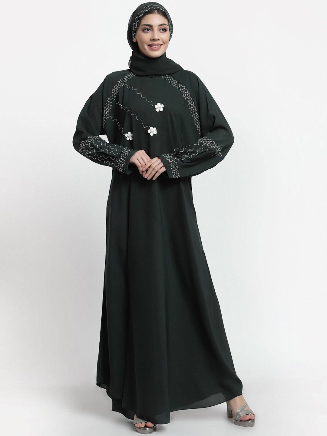 Arrabi Women Green Solid Abaya Burqa With Scarf