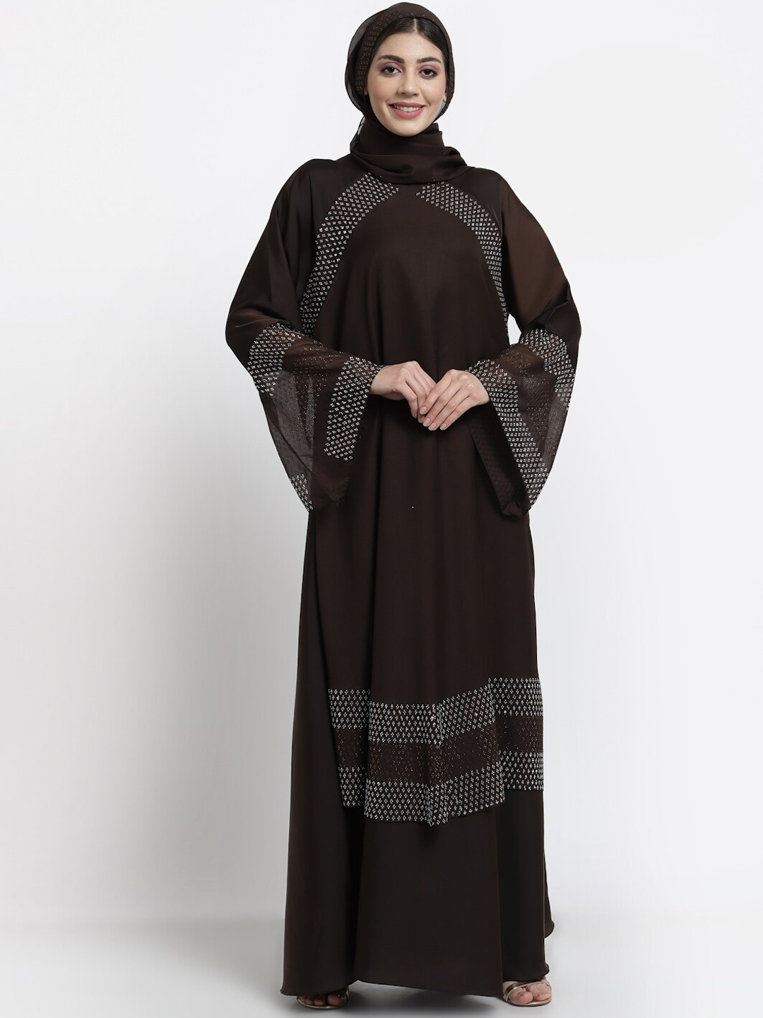 Arrabi Women Coffee Brown Embellished Burqa With Scarf