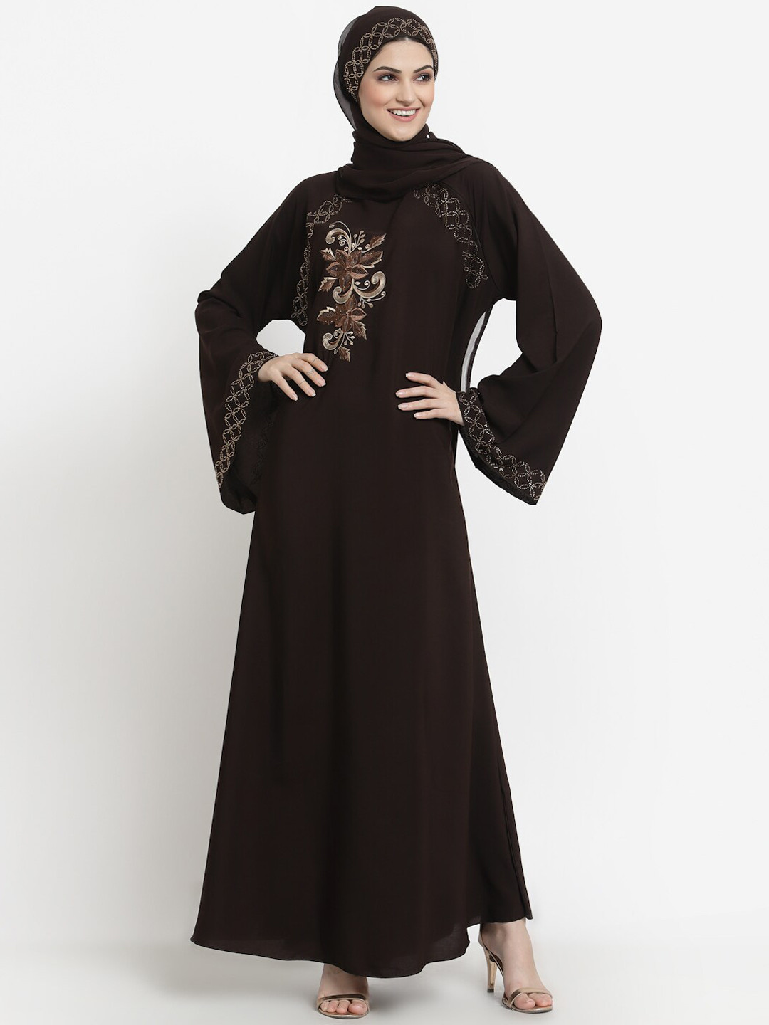 Arrabi Women Coffee Brown Solid Burqa With Scarf