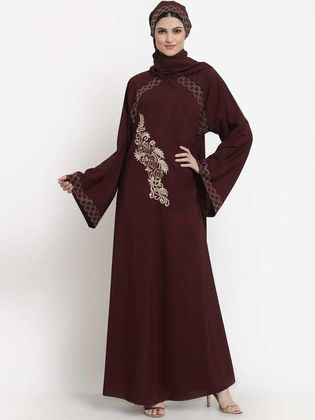 Arrabi Women Violet-Coloured & Beige Embroidered Burqa With Scarf
