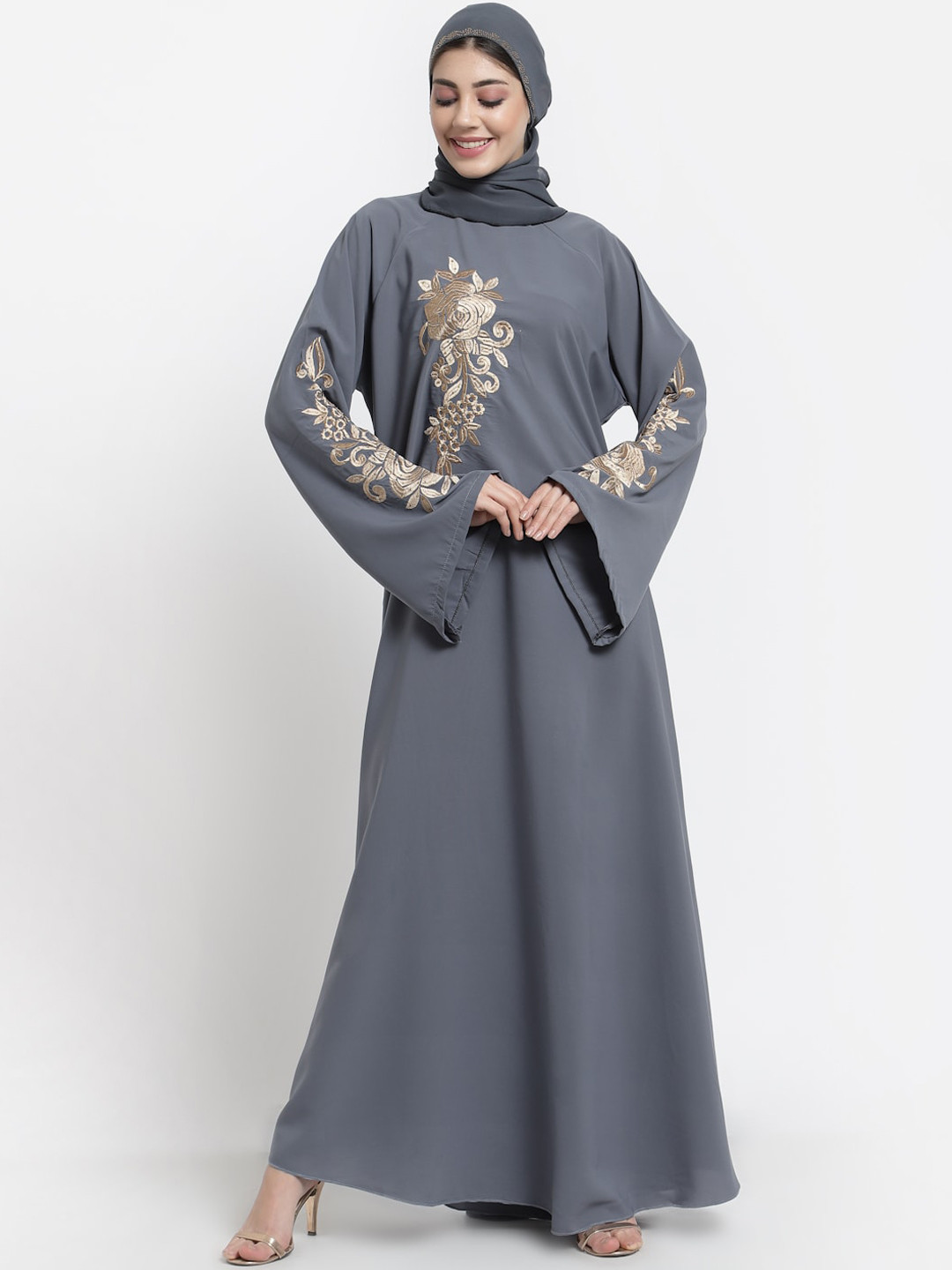 Arrabi Women Grey & Gold Embroidered Burqa With Scarf