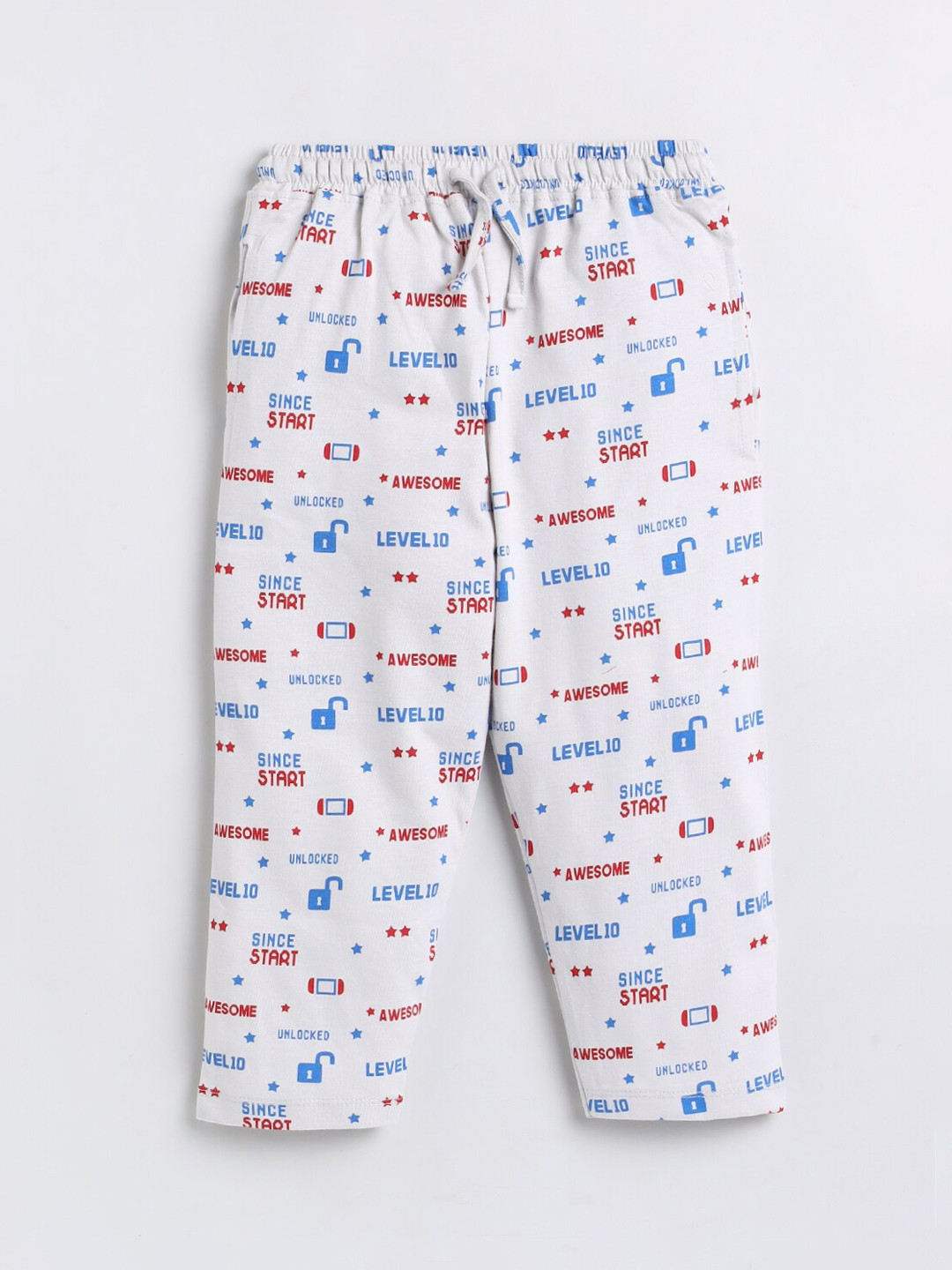 Nottie Planet Girls Grey & Blue Printed Pure Cotton Drawstrings Track Pants