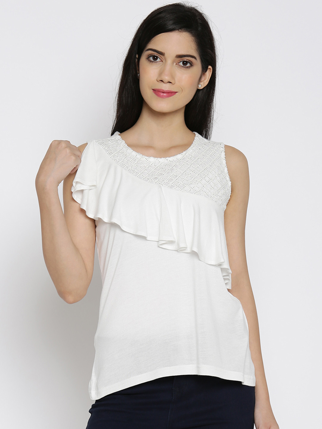 AKKRITI BY PANTALOONS Women Off-White Frilled Top
