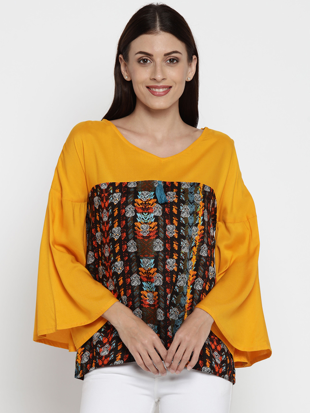 AKKRITI BY PANTALOONS Women Black & Mutard Yellow Printed Top